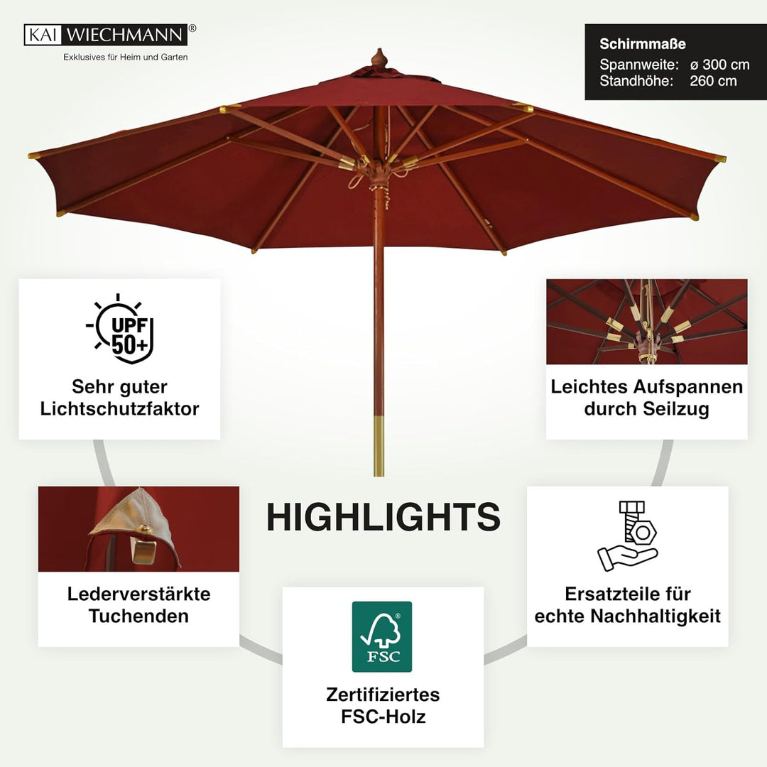 Kai Wiechmann Sonnenschirm 300 cm edel Windauslass UV-Schutz 50+ Bordeaux, Bordeaux