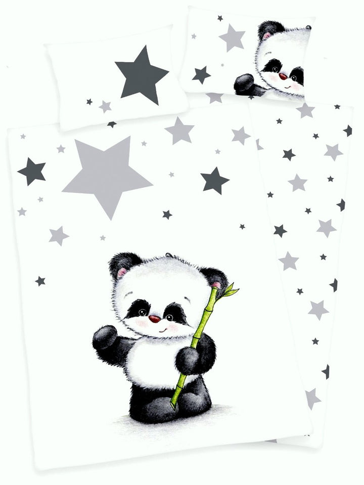3 tlg. Baby Bettwäsche Wende Motiv Panda renforcé 100x135 cm + 40x60 cm + 1 Spannbettlaken 70x140 cm