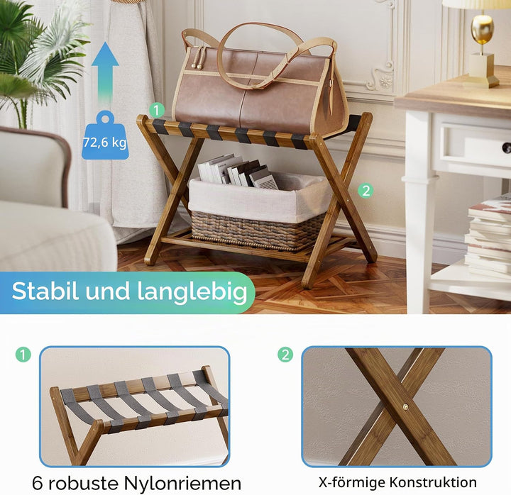 SMIBUY Gepäckablage, 2er-Set, faltbarer Kofferständer aus Bambus mit Ablage für Gästezimmer, Schlafz