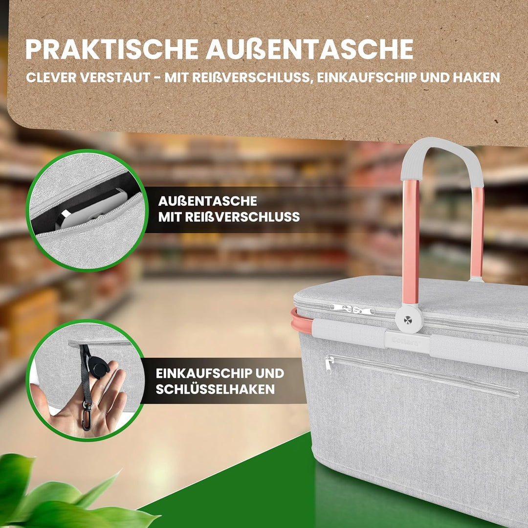 Cottara® Thermo Einkaufskorb Kühltasche gross | isolierter Einkaufskorb mit Deckel, verstärktem Bode