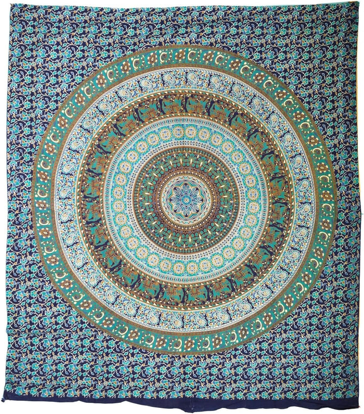 GURU SHOP Boho-Style Wandbehang, Indische Tagesdecke Mandala Druck- Blau/grün, Mehrfarbig, Baumwolle