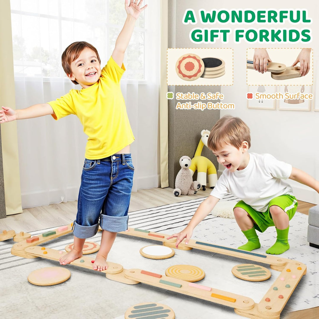 Holz Schwebebalken mit Balanciersteinen Kinder Montessori Balance Board Kleinkind Sensorik Matten Mo