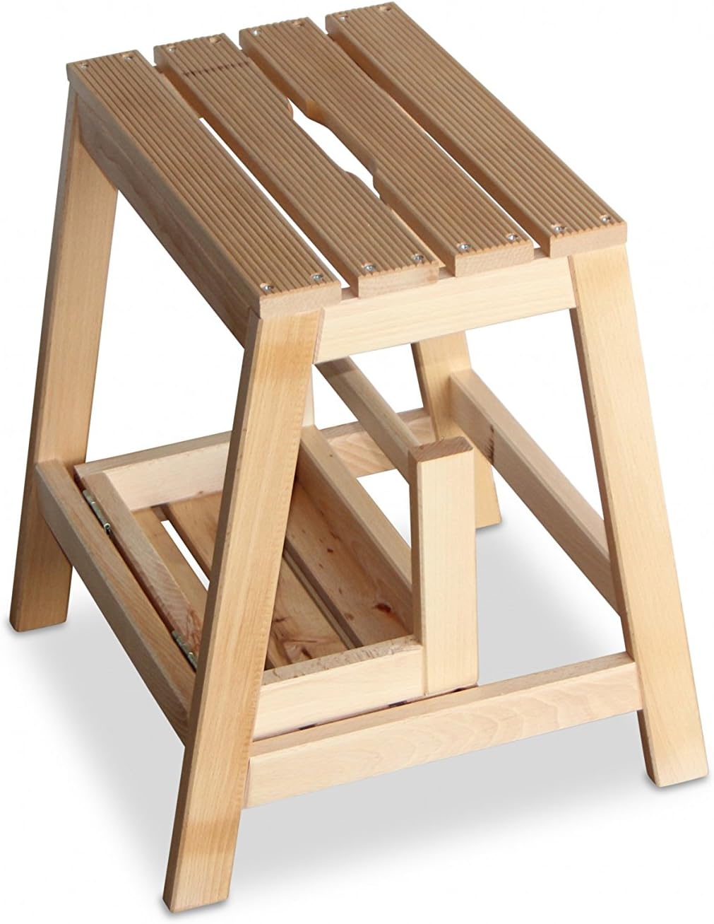 GartenDepot24 Stabiler Tritt Hocker aus Buchenholz mit 2 Stufen, klappbar, Natur, B38 x T54 x H45 cm