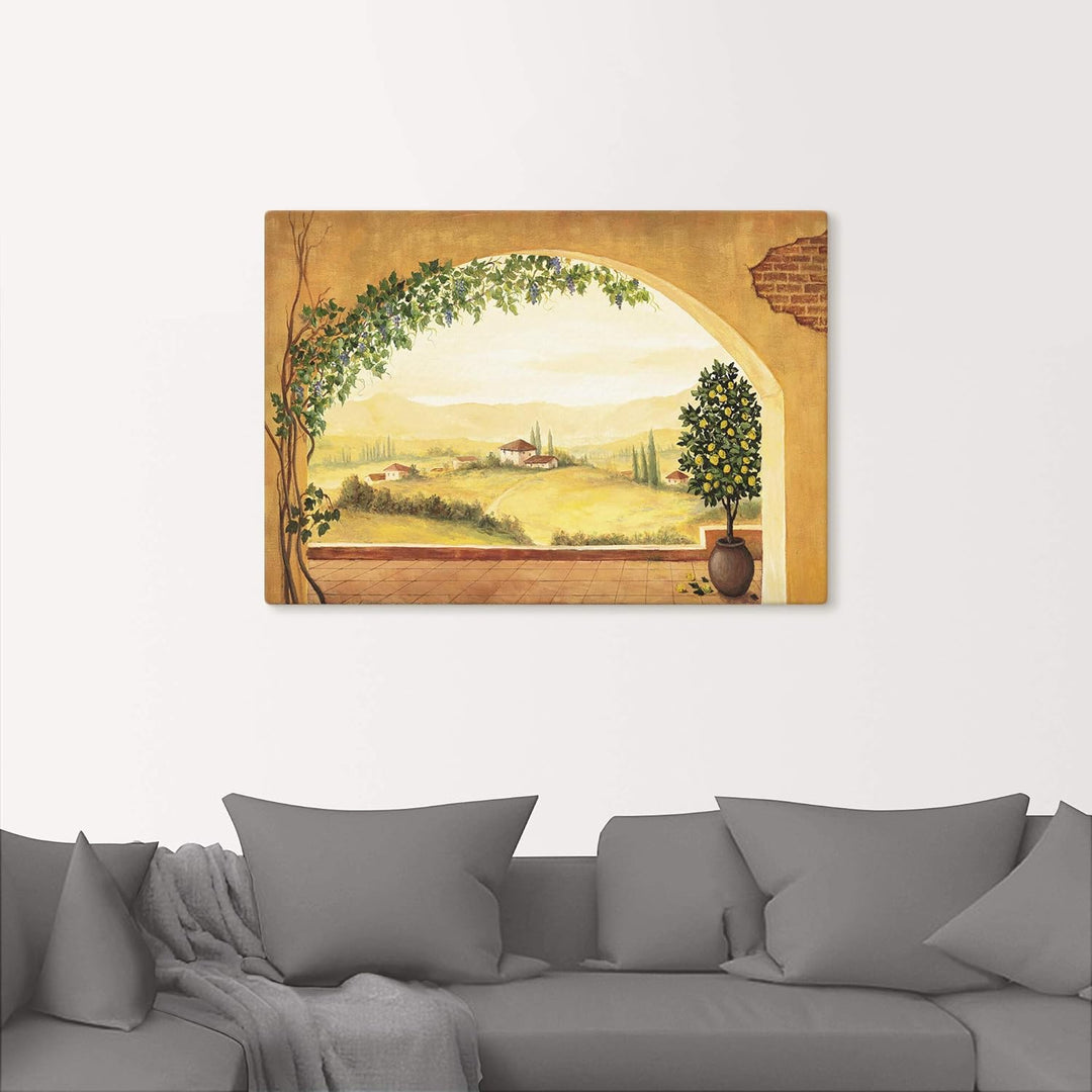 Artland Leinwandbild Wandbild Bild auf Leinwand 100x70 cm Wanddeko Fensterblick Fenster Toskana Land