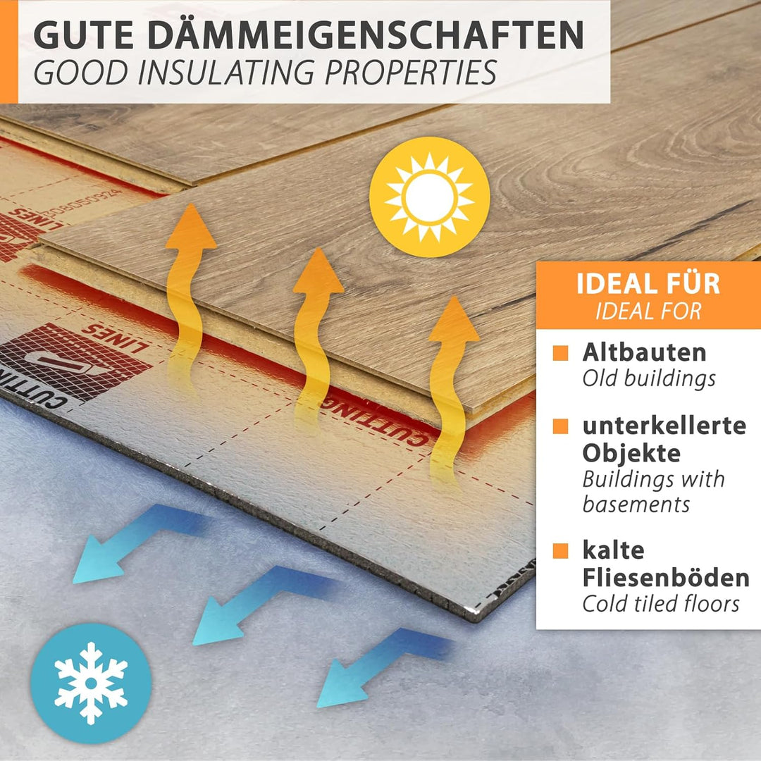 48m² Trittschalldämmung 3mm mit AquaStop, Verlegeunterlage für Parkett &amp; Laminat, Heizfilm-Unterlage