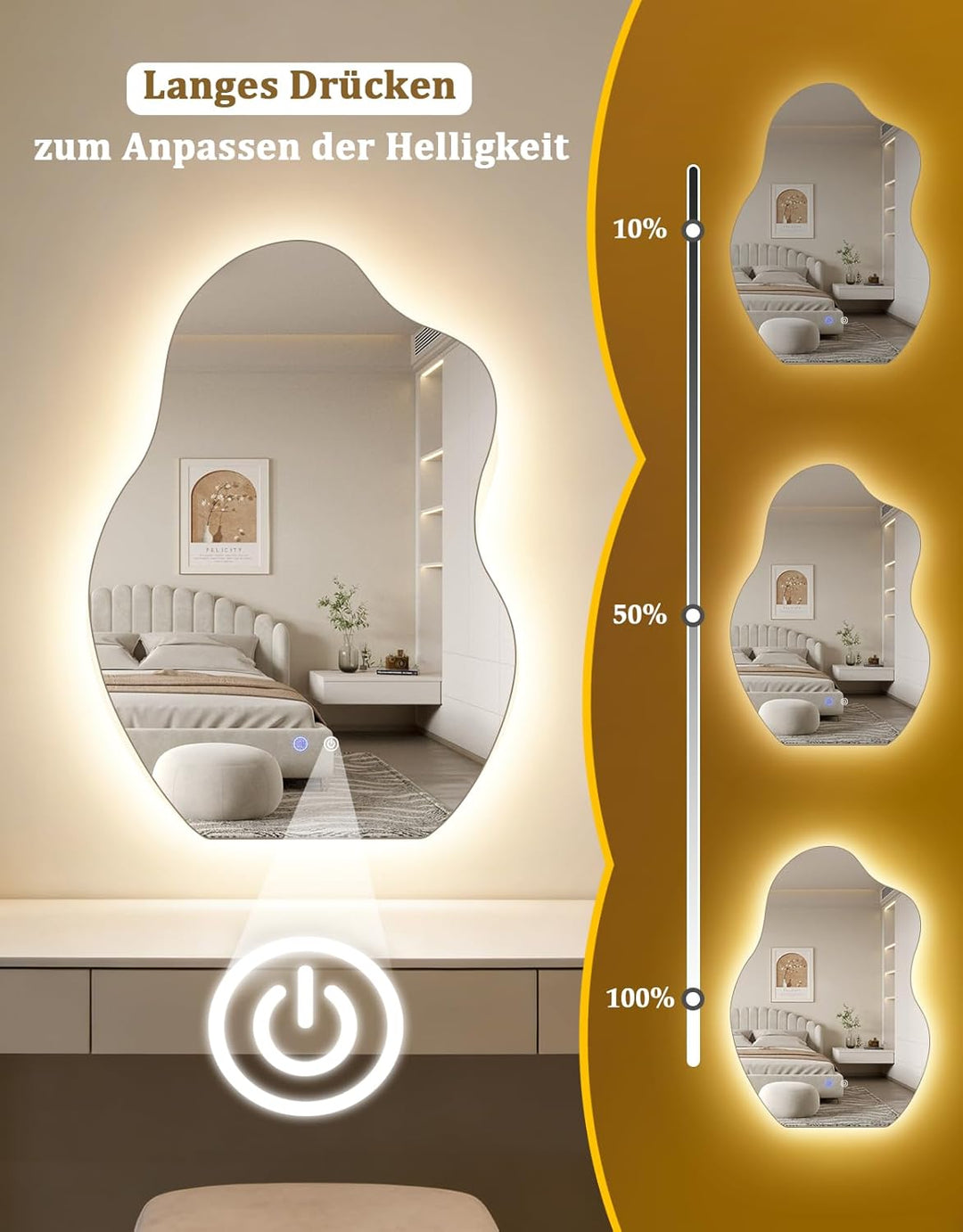 Asymmetrisch Badspiegel Mit Beleuchtung,LED Bad Wand Spiegel Badezimmer Wandspiegel Mit Licht, IP44