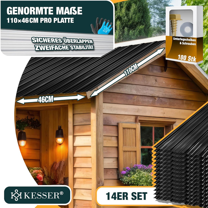 KESSER® 14 Stück Trapezblech Profilblech Set 110x46cm, 7 m² Dachblech verzinkter Stahl 0,25mm, Dachp