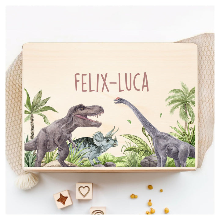 Little Deco Personalisierte Erinnerungsbox Baby Holzkiste mit Dinosaurier | M - 30 x 20 x 13 cm | Ge