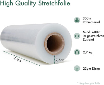 Good Warehouse Hochwertige Stretchfolie 23 m – 500 m Verpackungsfolie mit Handabroller-Set – 40 cm b