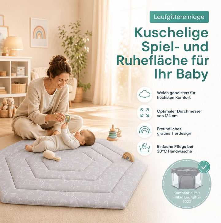Fillikid Einlage Laufstall 6-eckig Exklusiv | Krabbeldecke Laufgitter 124 cm | Schutzeinlage Laufgit