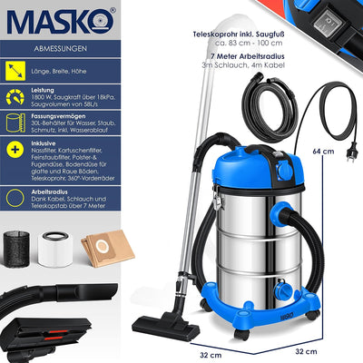 MASKO® Industriestaubsauger Staubsauger Nass Trocken Sauger Edelstahl 2300W + Steckdose | Blasfunkti