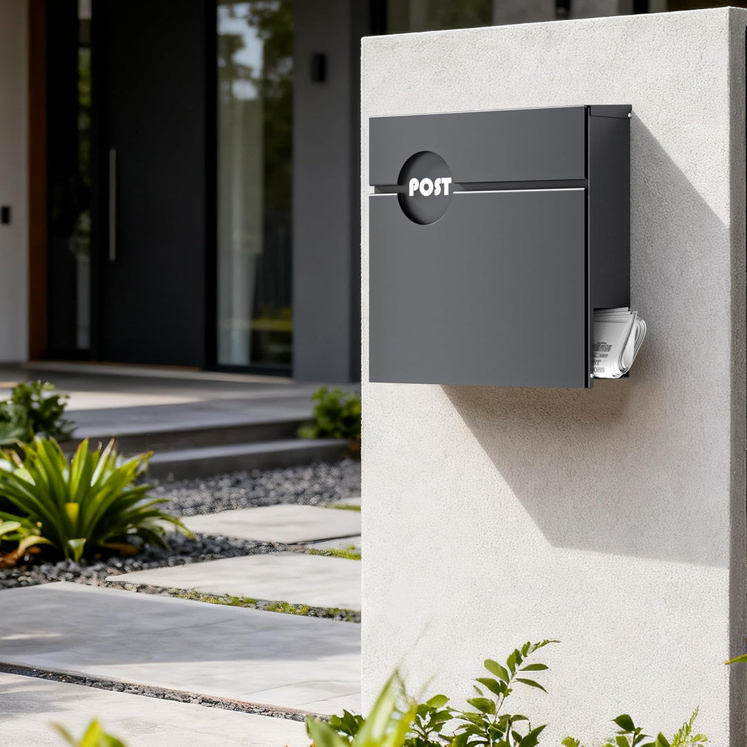 Wiltec Briefkasten Anthrazit V62 aus Stahl 37 x 11 x 37 cm, Wandbriefkasten mit Zeitungsfach und Sch