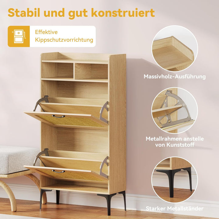 Dripex Schuhschrank schmal, Schuhkipper mit Rattan-Dekor, 2 Flip-Schubladen,Schuhregal schmal mit Me