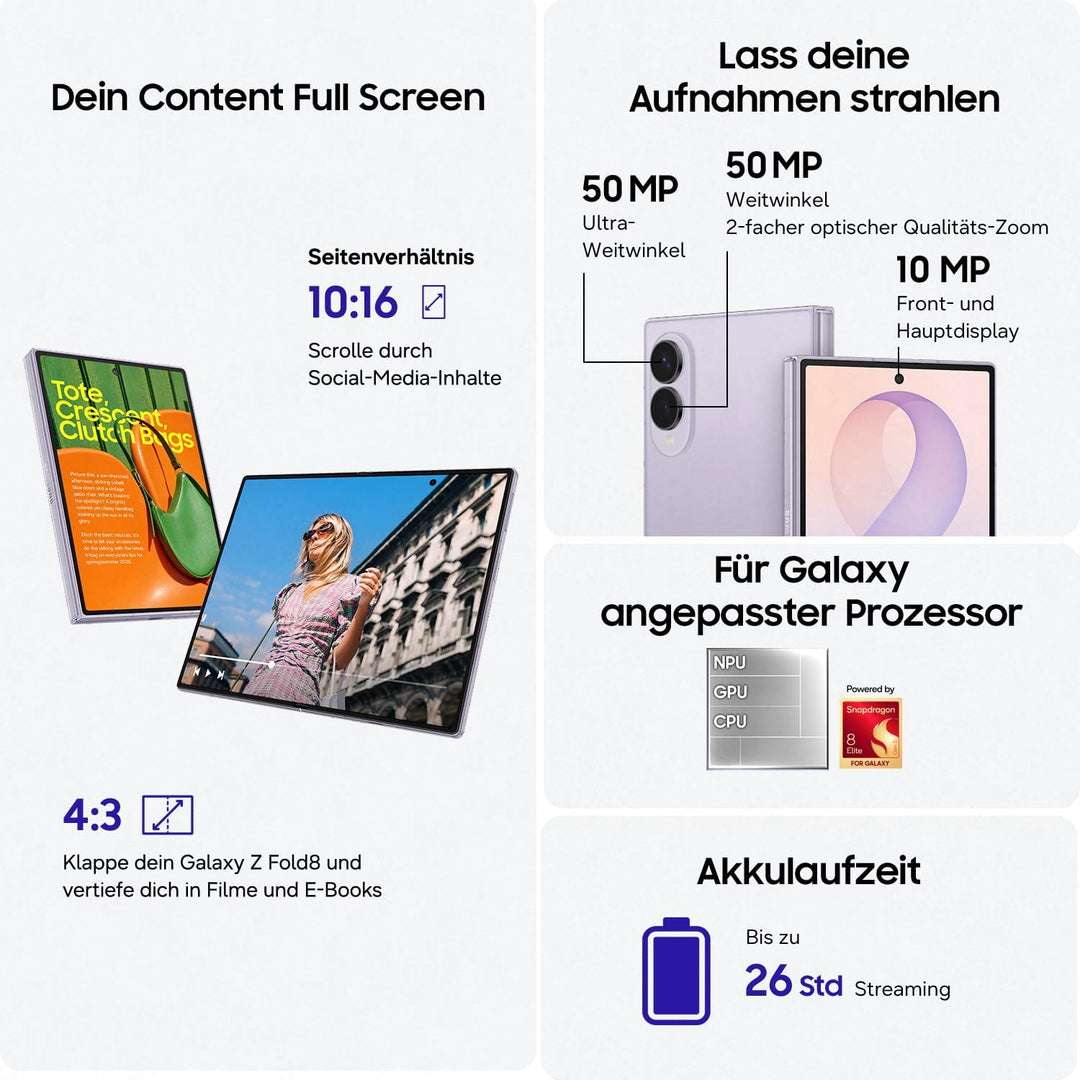 Samsung Galaxy Z Fold8 Smartphone, 256 GB Speicher, 12 GB RAM, Lavender | Android AI Handy, Klapp-Sm