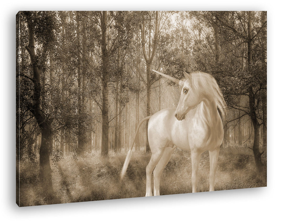 deyoli edles Einhorn im Wald Format: 80x60 Effekt: Sepia als Leinwand, Motiv fertig gerahmt auf Echt