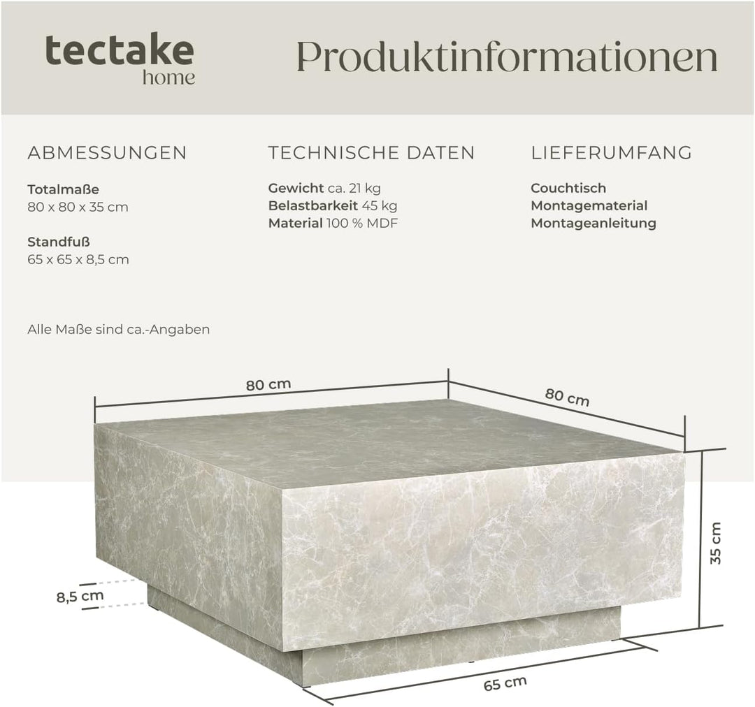 tectake® Couch Tisch, Room Decor in Travertin Steinoptik, Tisch Wohnzimmer, moderner Couchtisch, Bei