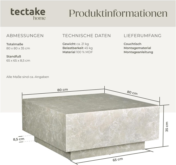 tectake® Couch Tisch, Room Decor in Travertin Steinoptik, Tisch Wohnzimmer, moderner Couchtisch, Bei