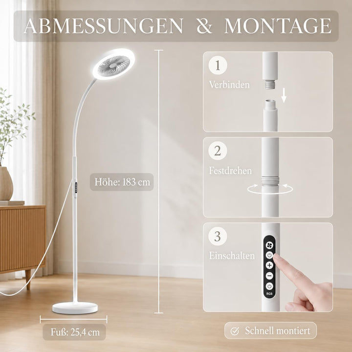 Standventilator mit Licht 183cm, Leise Ventilator Stehlampe mit RGB Farbwechsel & CCT, 360° Schwanen