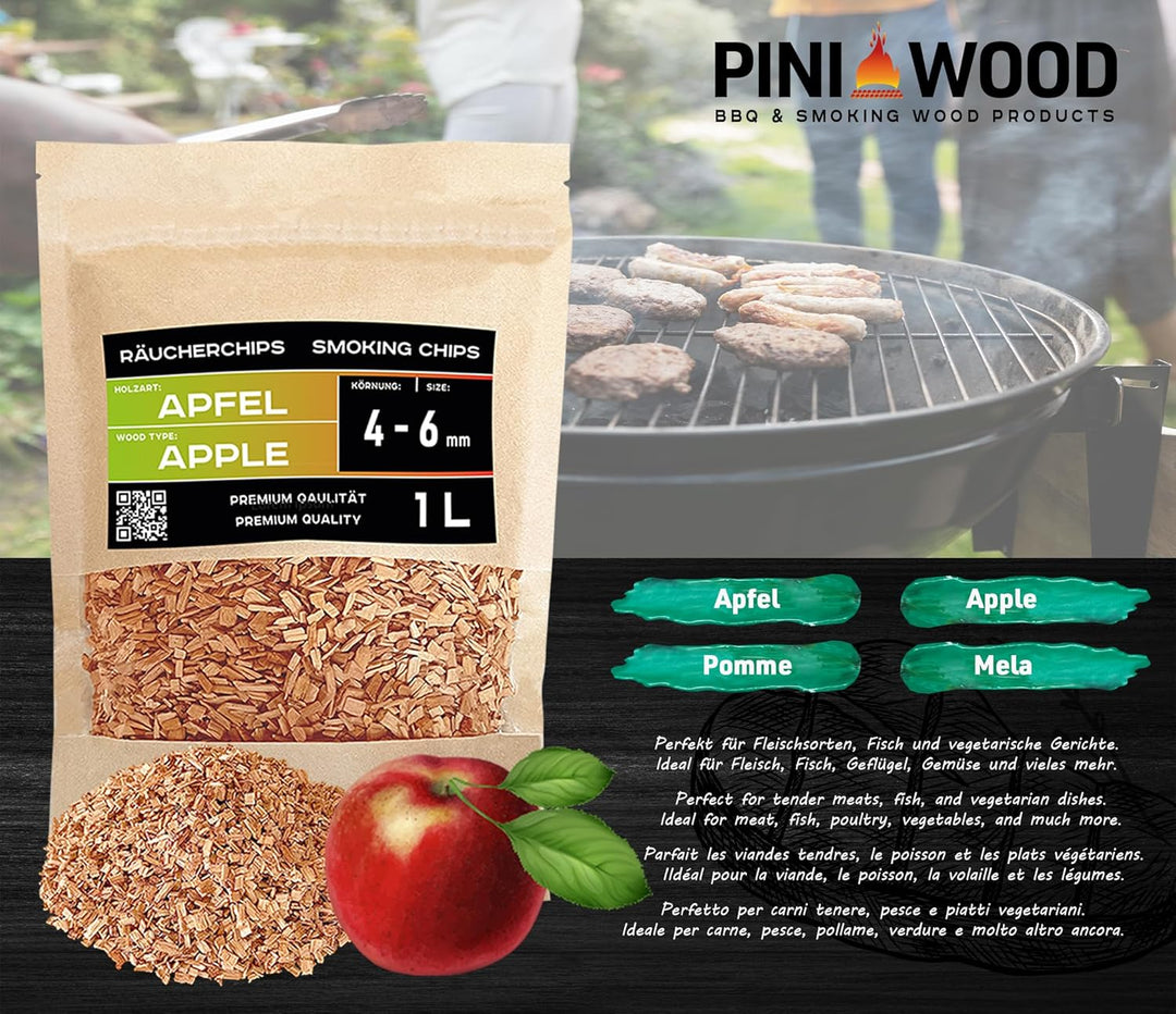PINI Räucherchips Set 5x1 Liter Woodchips optimale Körnung 4-6 mm sortenreine Räucherspäne Buche Eic