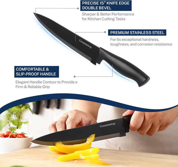 Gourmetop Kitchen Knife Set with No Drilling Magnetic Strip, Knives Set for Kitchen Black Cooking Kn