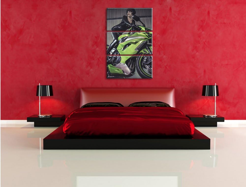 Pixxprint Sexy Neongrünes Bike mit Model 3Teiler 120x80 cm Leinwandbild Wandbild Kunstdruck
