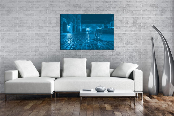 deyoli Innenhof einer Burg Format 80x60 Effekt: Monocrome Blau als Leinwandbild, Motiv fertig gerahm