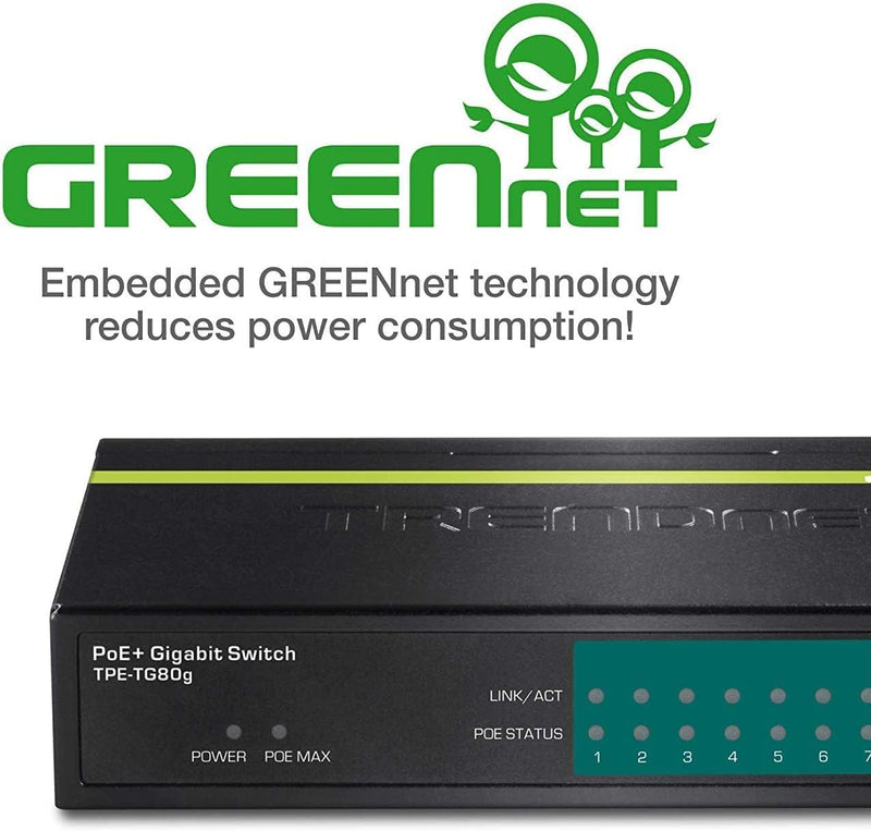 TRENDnet TPE-TG80G 8-Port-Gigabit-PoE + -Switch 8 x Gigabit-PoE + -Ports, 123-W-PoE-Leistungsbudget,