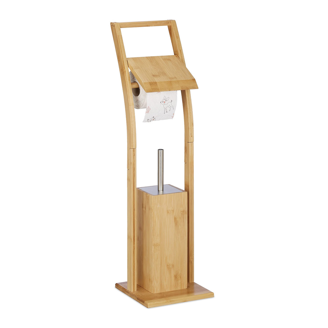 Relaxdays WC Garnitur, Bambus, Edelstahl, Klopapierständer mit Toilettenbürste, freistehend, HBT: 74