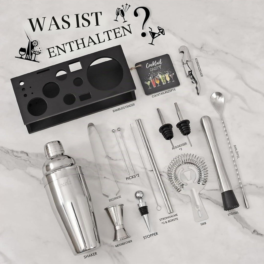 Cocktail Shaker Set mit Bambus Ständer & Rezeptbuch, Edelstahl 750ml Bar Cocktailset Cocktailshaker