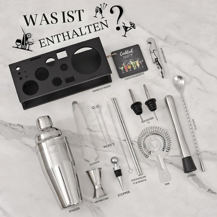 Cocktail Shaker Set mit Bambus Ständer & Rezeptbuch, Edelstahl 750ml Bar Cocktailset Cocktailshaker