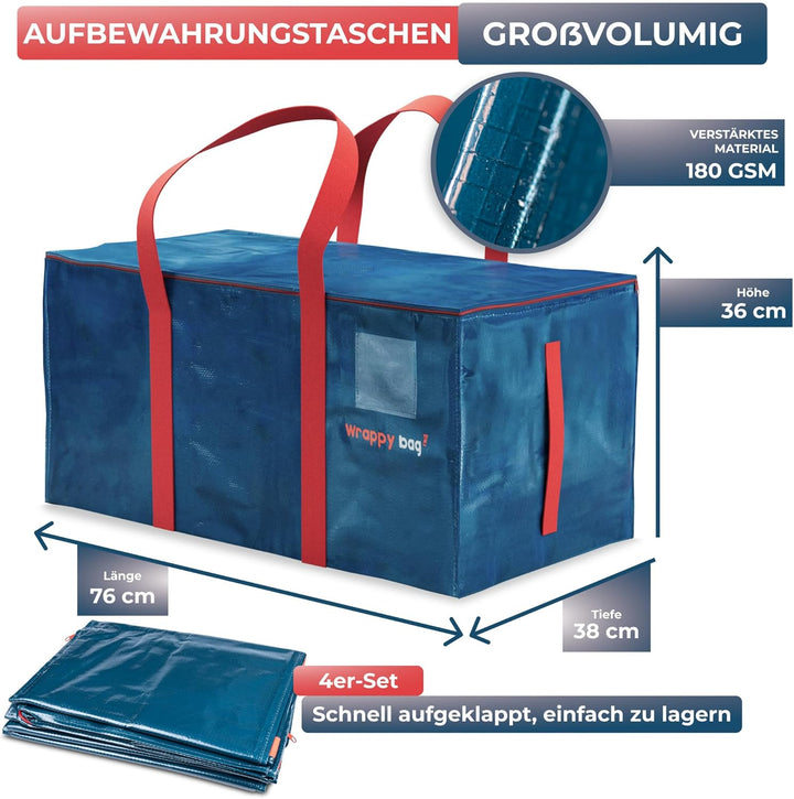 WRAPPYBAG im 4er Pack Grosse Kunststoff-Aufbewahrungstaschen – XXL-Taschen für Umzug & Reise – Stabi