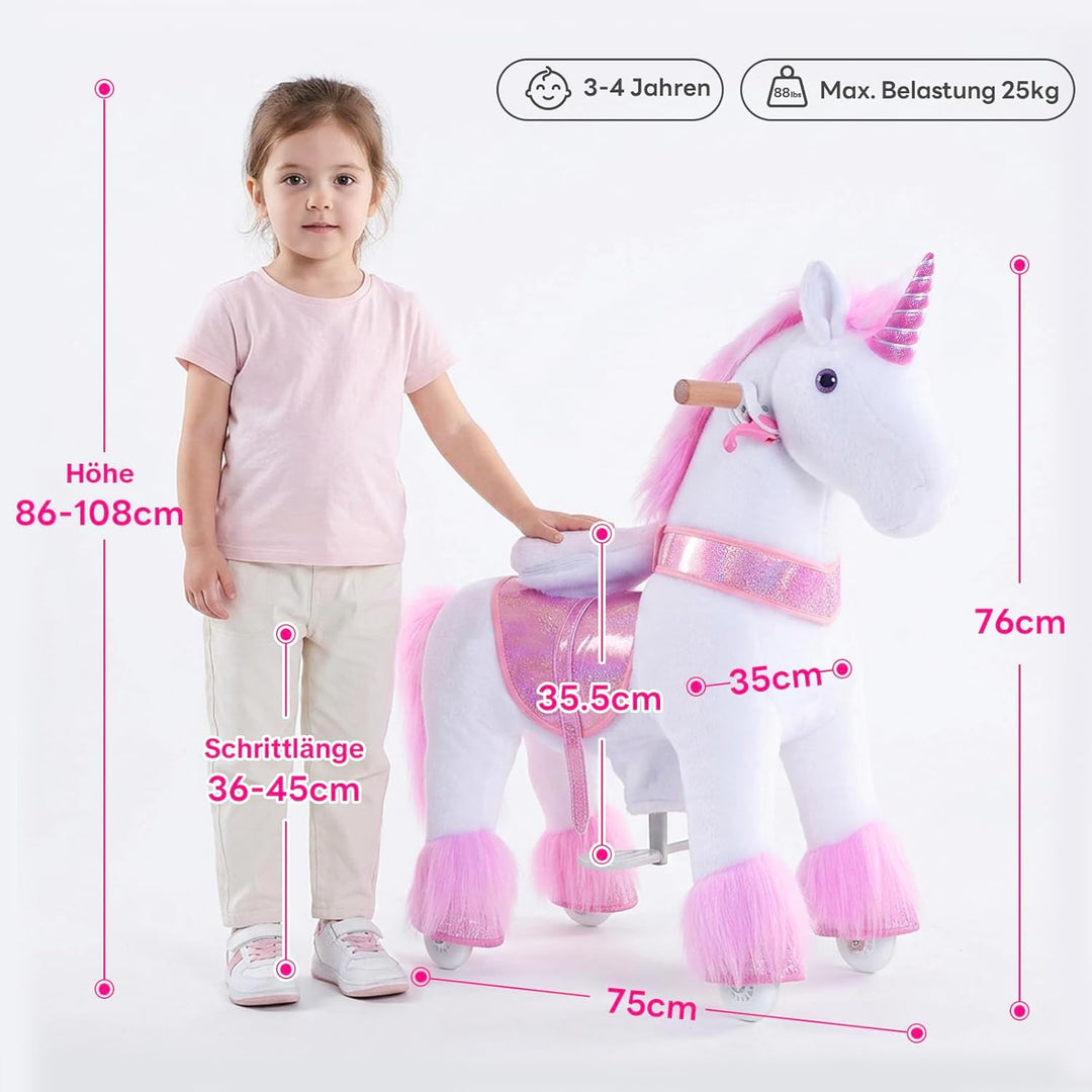 PonyCycle Einhorn zum Reiten, für Kinder 3–4 Jahre, 76cm Hoch, Einhorn auf Rollen mit Handbremse und
