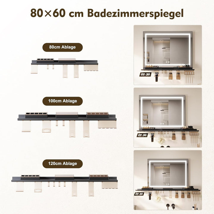 SONNI Badspiegel mit Beleuchtung 80x60cm + 80cm Ablage, Touch Badezimmerspiegel 3 Lichtfarben, Anti-