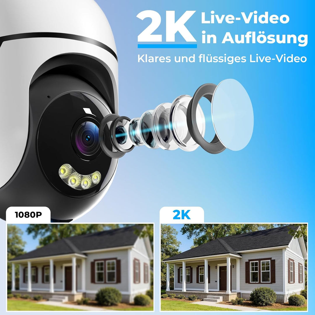 2K Überwachungskamera Aussen, WLAN 360° Kamera 3MP 2.4G & 5G WiFi mit Farbiger Nachsicht, IP66, Zwei