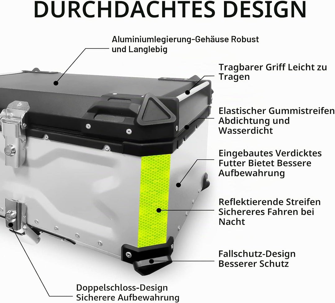 VOKKA Topcase Motorrad, 65L Aluminiumlegierung Topcase für Roller, Wasserdicht, Staubdicht und Diebs