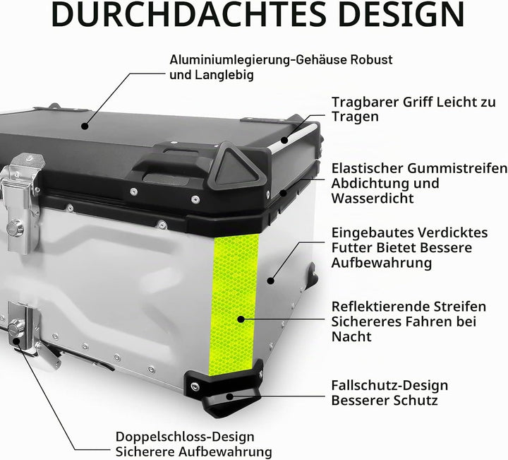 VOKKA Topcase Motorrad, 65L Aluminiumlegierung Topcase für Roller, Wasserdicht, Staubdicht und Diebs