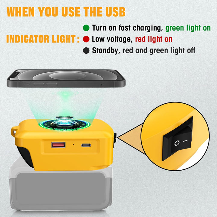 Kabelloses Tragbares Ladegerät für DeWalt 20V Li-Ionen Akku, 15W Schnell Telefon Ladegerät mit USB-B