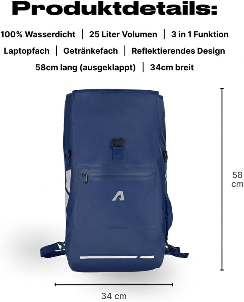 Alpensattel 3-in-1 Fahrradtasche 25 L – Gepäckträgertasche, Rucksack & Umhängetasche – wasserdicht,