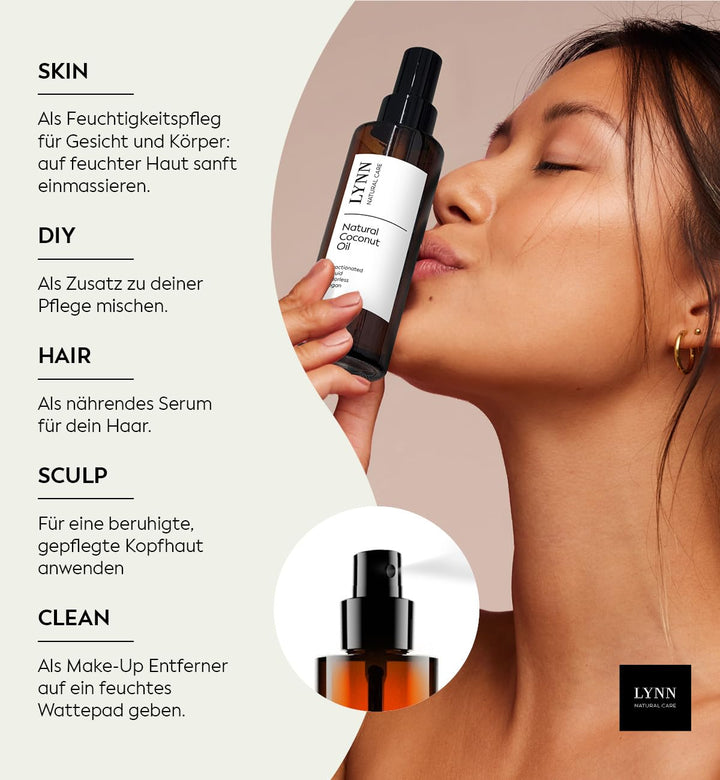 Flüssiges Kokosöl von LYNN | MCT-Öl | mit Zerstäuber | 100% natürliche Feuchtigkeitspflege für Haut