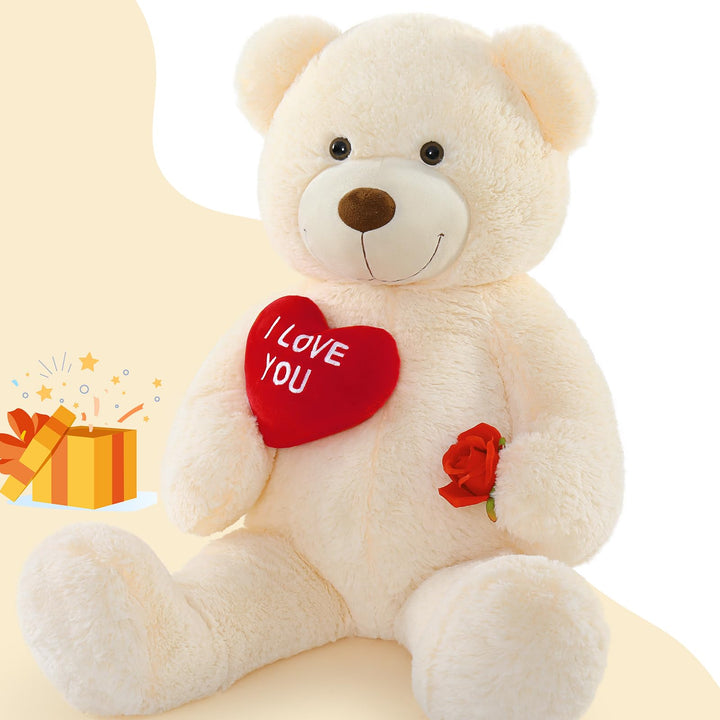 MorisMos 90cm Süss Teddybär gross XXL mit Rot Herz I Love You, Beige Riesen Teddy Bär als Geburtstag