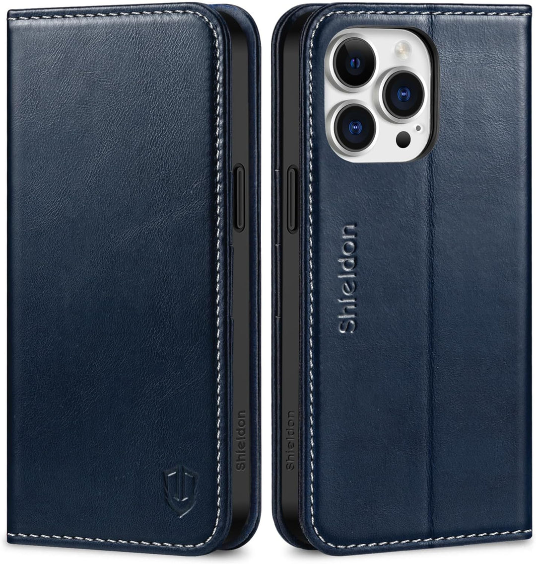 SHIELDON Hülle für iPhone 15 Pro Max, Schutzhülle [Rindsleder] [Stossfest] [Kartenfach] [Magnet] [St