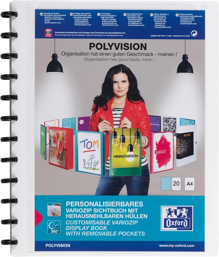 Oxford polyvision Ringmappe A4, mit vario-zipp, 20 Hüllen, weiss, 5er Pack weiss Single, weiss Singl