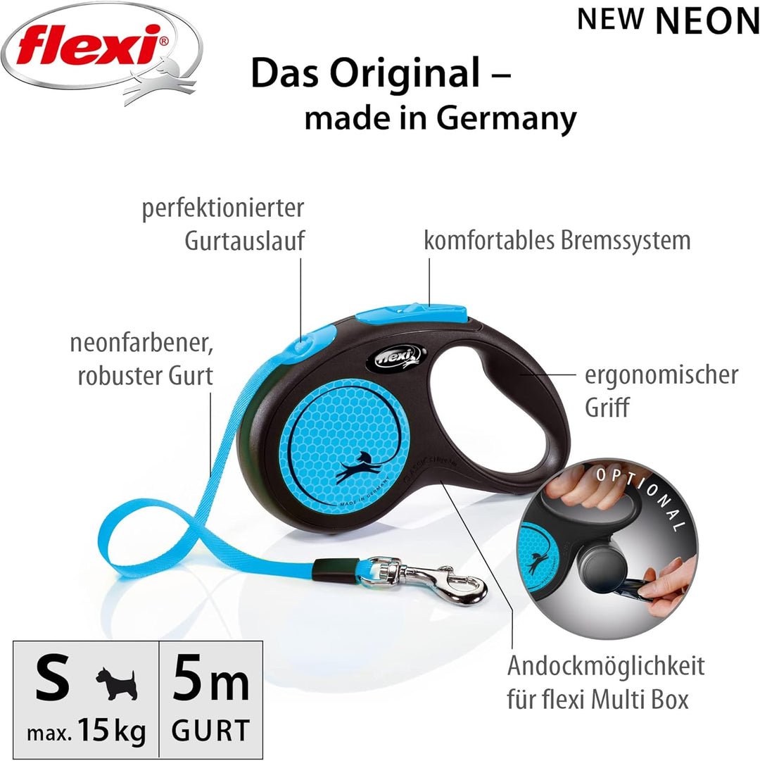 flexi® Neon S Gurt 5 m schwarz, neon-Blauer Gurt, reflektierende Seitenfläche, Roll-Leine für Hunde