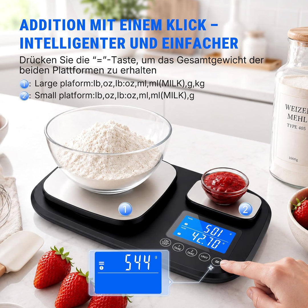Küchenwaage Digital 15 kg mit Feinwaage 500 g/0,01 g, 2 Flächen zum Backen | Tara-und Addierfunktion