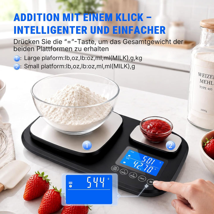Küchenwaage Digital 15 kg mit Feinwaage 500 g/0,01 g, 2 Flächen zum Backen | Tara-und Addierfunktion