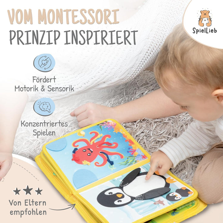 Montessori Quiet Book ab 1 Jahr - interaktives Busy Board ab 1 Jahr mit Tieren - Quiet Book & Motori