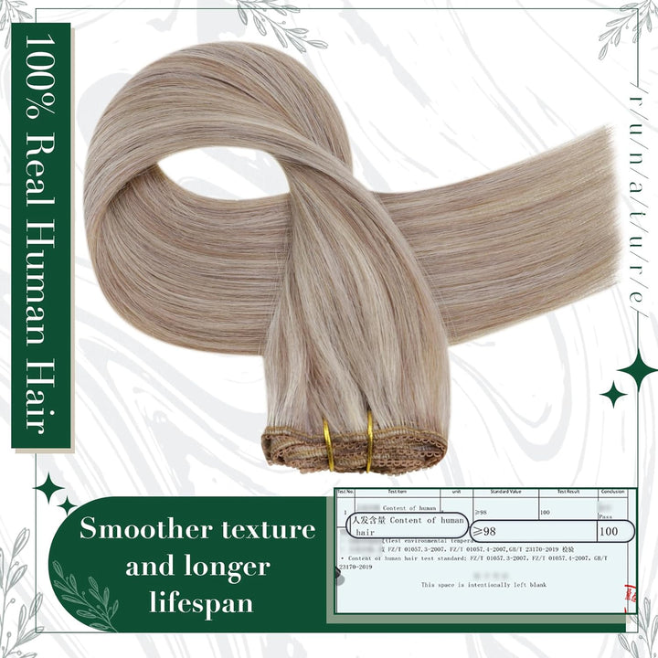 RUNATURE Clip in Extensions Echthaar 45cm Remy Graublond mit Platinblond Extensions Clip in Echthaar