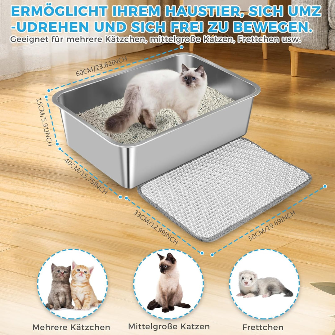 Edelstahl Katzenklo, 60×40×15cm Grosse XXL Katzentoilette aus Edelstahl, Katzenklo Geruchsfrei für G