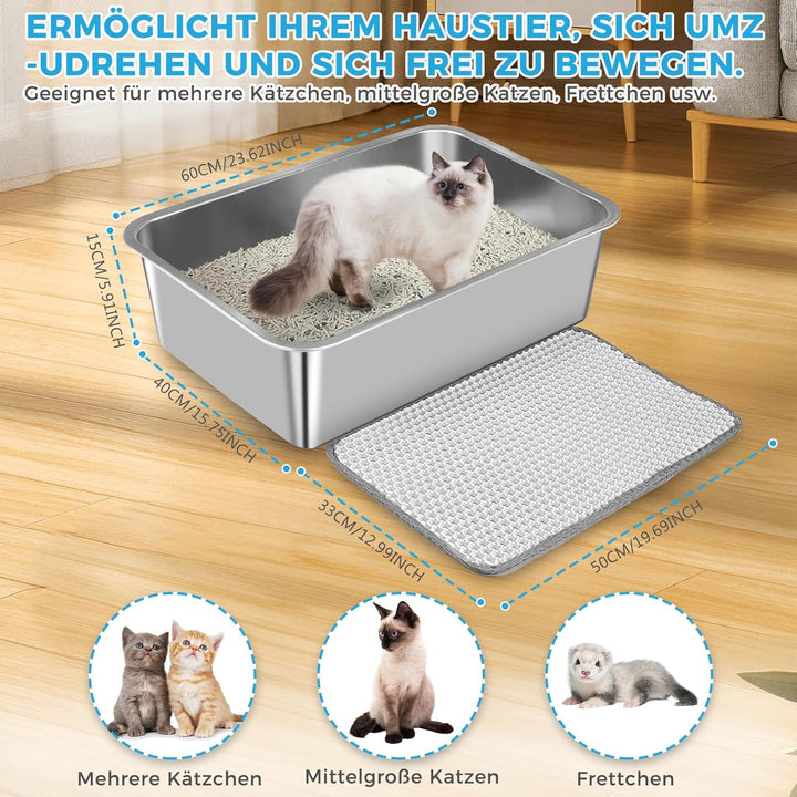 Edelstahl Katzenklo, 60×40×15cm Grosse XXL Katzentoilette aus Edelstahl, Katzenklo Geruchsfrei für G