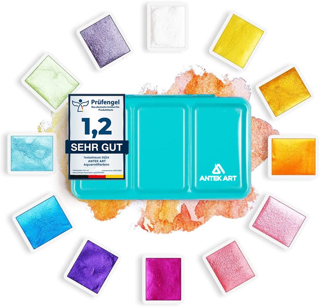 ANTEK ART® Aquarellfarben Set [12x Metallic Glitzerfarben] – Aquarell Set unterwegs im Metallkoffer